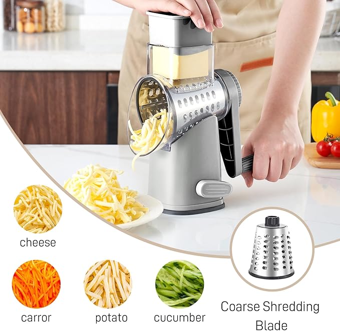 Rotary Cheese Graters with 4 Blades, Hand Crank Cheese Grater with Waffle Slicer, Red, Black and White Cheese Shredder with Suction Base, Easier for Shredding & Grating (Grey, 4 Graters)