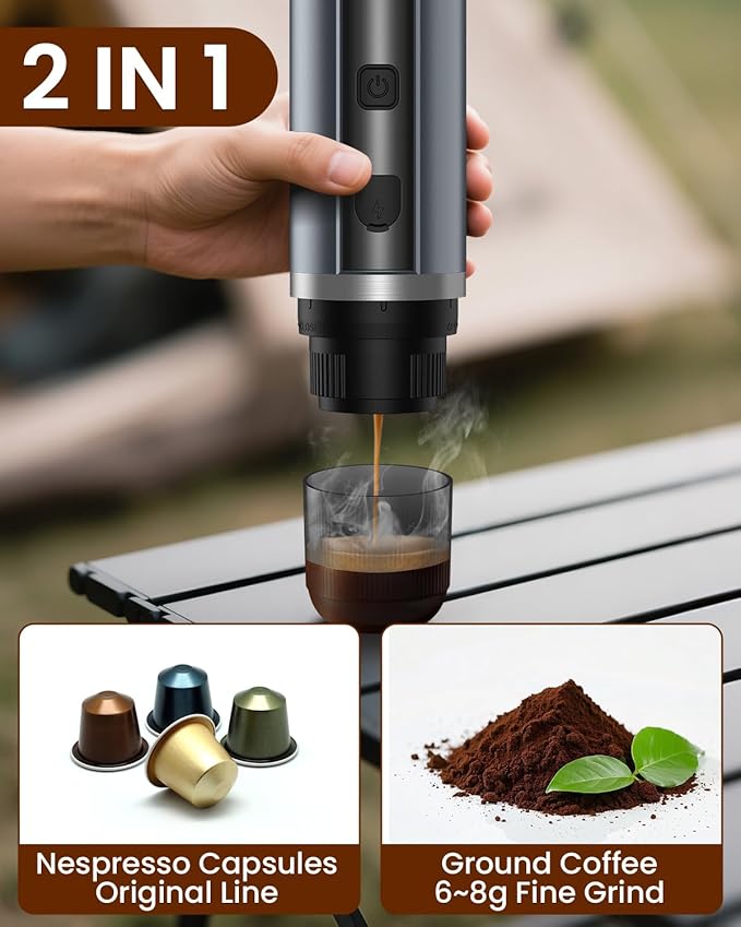 Portable Espresso Maker, 20 Bar Electric Espresso Machine for Travel, Camping, Rechargeable USB-C Mini Coffee Maker for NS Capsule Pods and Ground Coffee, Gray