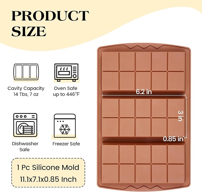 1 Pc Dubai Chocolate Bar Mold Deep Silicone 0.85 Inch Large Stuffed Chocolate Molds Nonstick Break Apart Square Shape Thick Candy Bar Molds