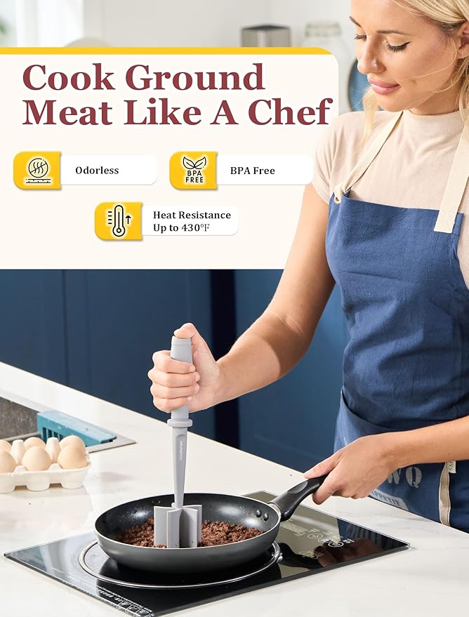 Premium Meat Chopper for Ground Beef - CLUEAPOP Heat Resistant Meat Masher - Kitchen Tools & Gadgets - Ground Beef Smasher - Non Stick Hamburger Chopper - Cook Ground Meat with Easy