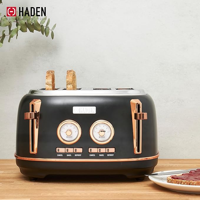 Haden Dorset 1.7 Liter Stainless Steel Electric Kettle with 360-Degree Base Bundled with 4 Slice Wide Slot Stainless Steel Toaster, Black & Copper