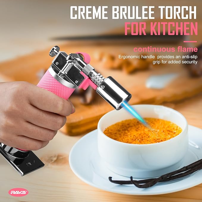 RAVS Refillable Butane Torch Lighter, Ultra Premium Gifts for Men, Kitchen Torch Lighter for Creme Brulee, Cooking Torch Gun with Adjustment Flame, Blow Torch for Cooking (Pink)