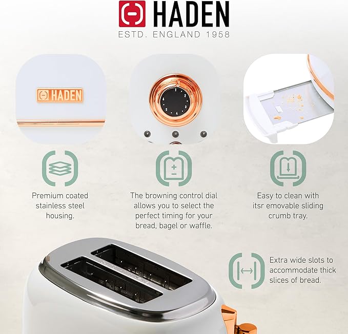 Haden Heritage 2 Slice Wide Slot Stainless Steel Toaster Bundled with 12 Cup Programmable Drip Coffee Maker Coffee Machine, Ivory & Copper