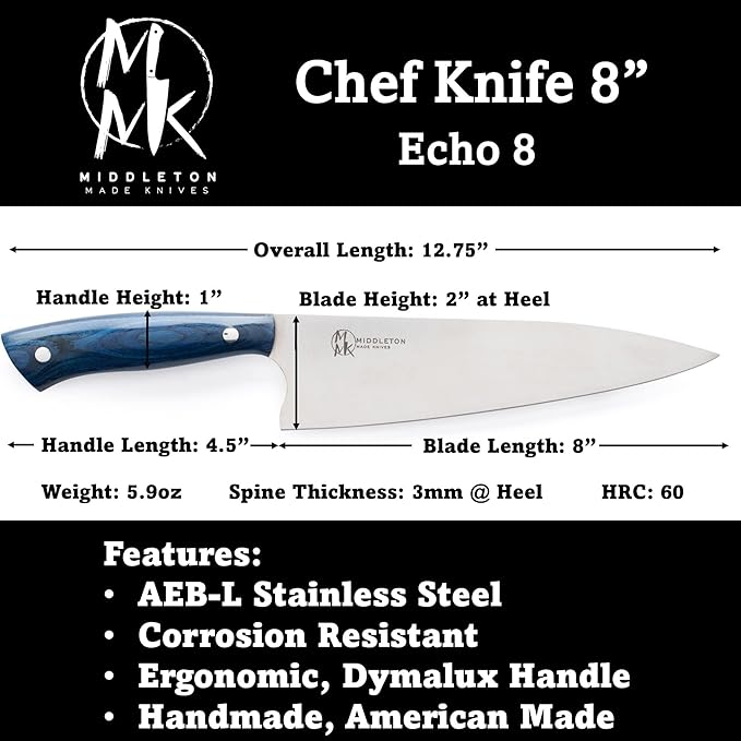 Middleton Made Knives Echo 8 Inch Chef Knife - Handmade Professional Chef Knife - Chefs Knife Made with AEB-L Stainless Steel - USA Made Knife - Great Chef Gifts - Blue