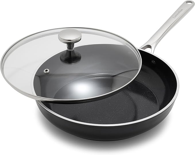 Orfeo 3QT Nonstick Saute Pan with Lid, Made in Italy, Diamond Ceramic PFAS-Free Cookware, Induction Ready, Scratch Resistant, Laser-Fused Surface for Durability, Dishwasher Safe, Black