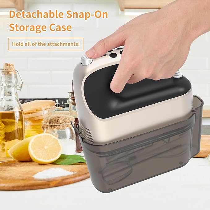 9-Speed Digital Hand Mixer Electric, 400W Powerful DC Motor, Baking Mixer Handheld with Snap-On Storage Case, 5 Stainless Steel Accessories, Flat Beaters, Dough Hooks, Whisk (Champagne Gold)