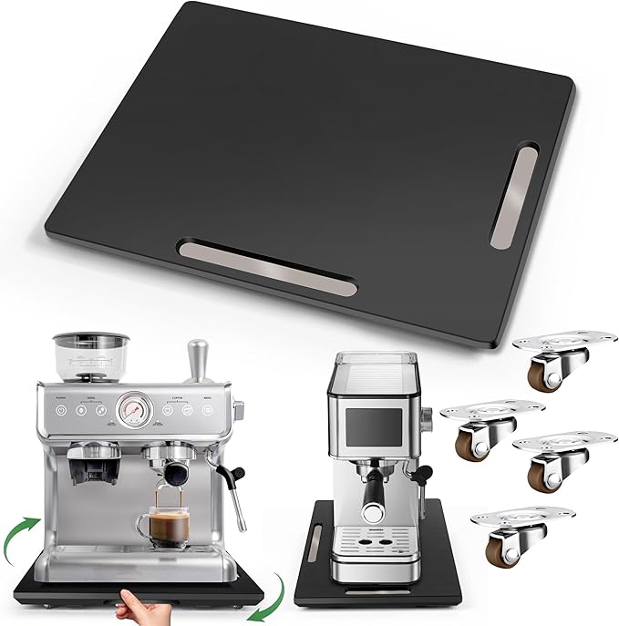 Joy&Grace Appliance Slider for Kitchen Appliances 360° Rolling Sliding Tray for Coffee Maker Countertop, Bamboo Coffee Pot Slider Rolling Tray with Universal Rollers (Black, Large 16"x13")