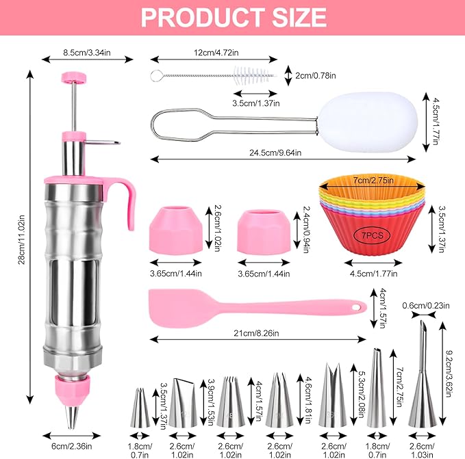 FACIACC Dessert Decorating Syringe Set, Stainless Frosting Piping Kit with 7 Piping Tips & 7 Silicone Cupcakes, Dessert Making Tools for Baking Cupcakes, Cookies & Pastries