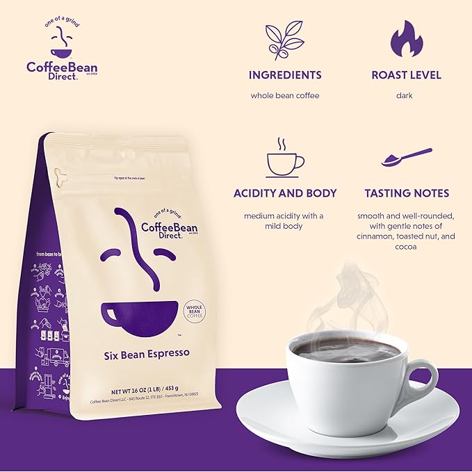 Coffee Bean Direct Six Bean Espresso, Whole Bean Coffee, Dark Roast, 1 Pound Bag (Pack of 1)