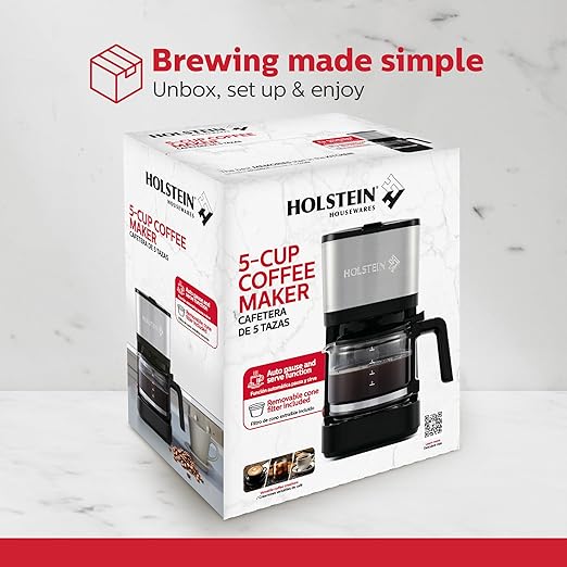 Holstein Housewares 5 Cup Coffee Maker – Compact Drip Coffee Machine with Auto Pause & Serve, Reusable Filter, Glass Carafe, Water Window & Warming Plate, Black