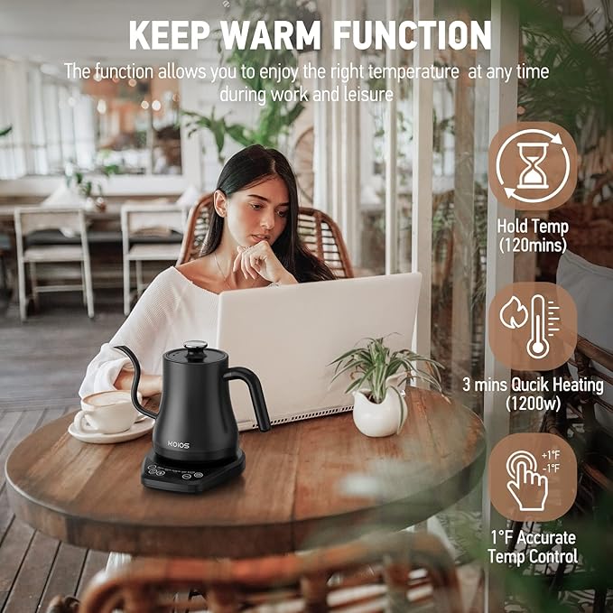 Gooseneck Electric Kettle with ±1℉ Temperature Control, KOIOS 1200W Quick Heating Gooseneck Kettle for Pour Over Coffee & Tea, 2 hours Temp Hold, Auto Shut-Off & Boil-Dry Protection, Matte Black