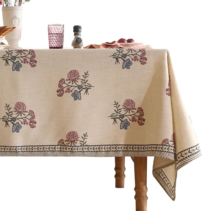 ISAENNE Designer Linen Light Beige Long Table Cloth Rectangle,French Colorful Floral Tablecloth,Stain Resistant Decor Tablecloths for Dining Thanksgiving Christmas Kitchen,63"*102"-Helena E