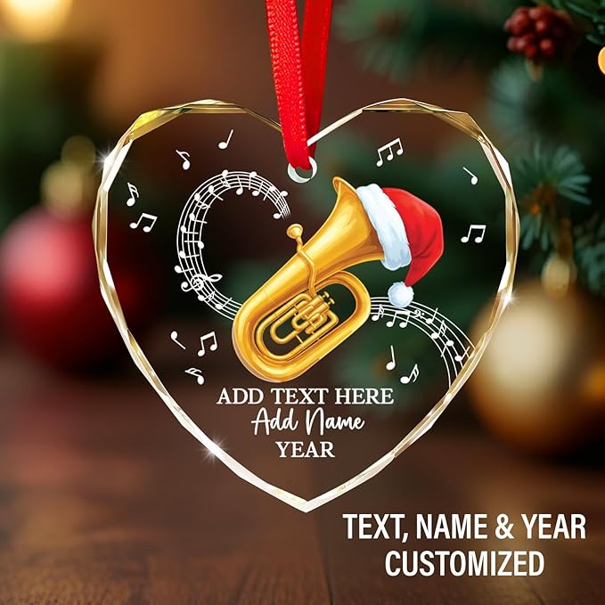 Customized Tuba Player Christmas Glass Ornament 2025, Personalized Tubaist Xmas Ornament with Text Name & Year, Tuba Instrument Christmas Tree Ornaments, Gifts for Men Women Music Lovers
