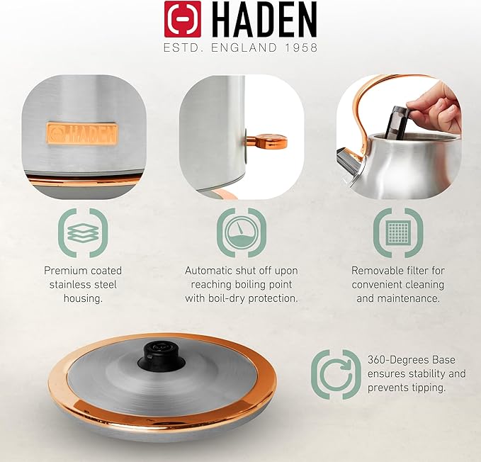 HADEN Heritage 1.7 Liter Stainless Steel Electric Kettle Bundled with 12 Cup Drip Coffee Maker, Coffee Machine with Auto Shut-Off, Steel & Copper