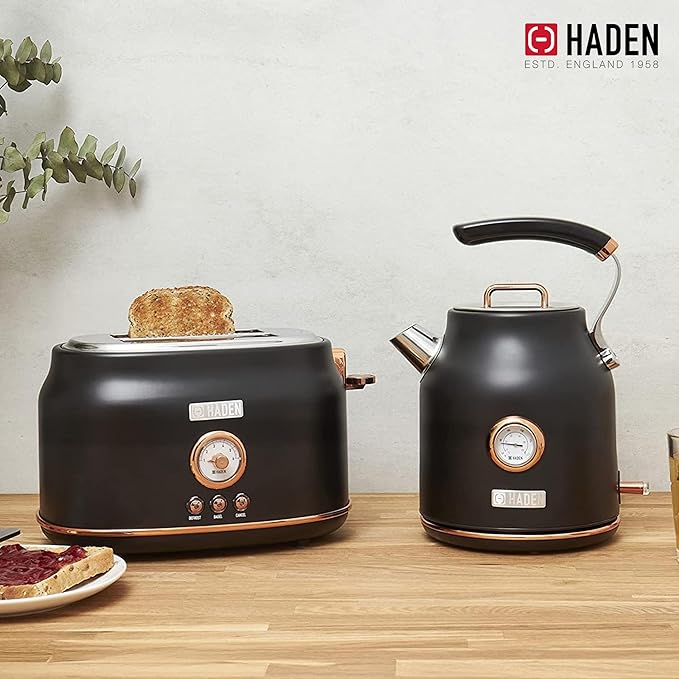 Haden Dorset 2 Slice Wide Slot Stainless Steel Toaster with Adjustable Browning Control & Non-Slip Feet, Black & Copper