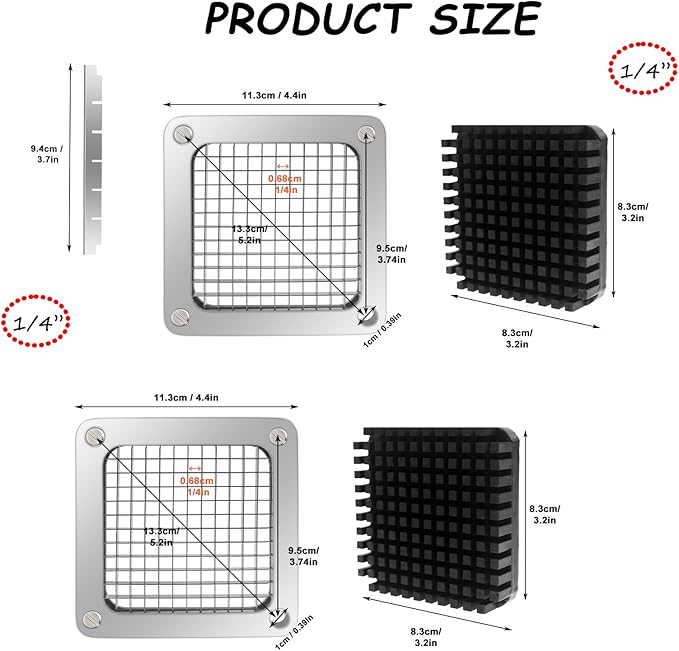 2Pcs 1/4''Replacement Chopper Blade, Commercial Vegetable Chopper Dicer Stainless Steel Blade and Pusher Block for Fruit Cutting Machine Tomato onion French Fries Cutter