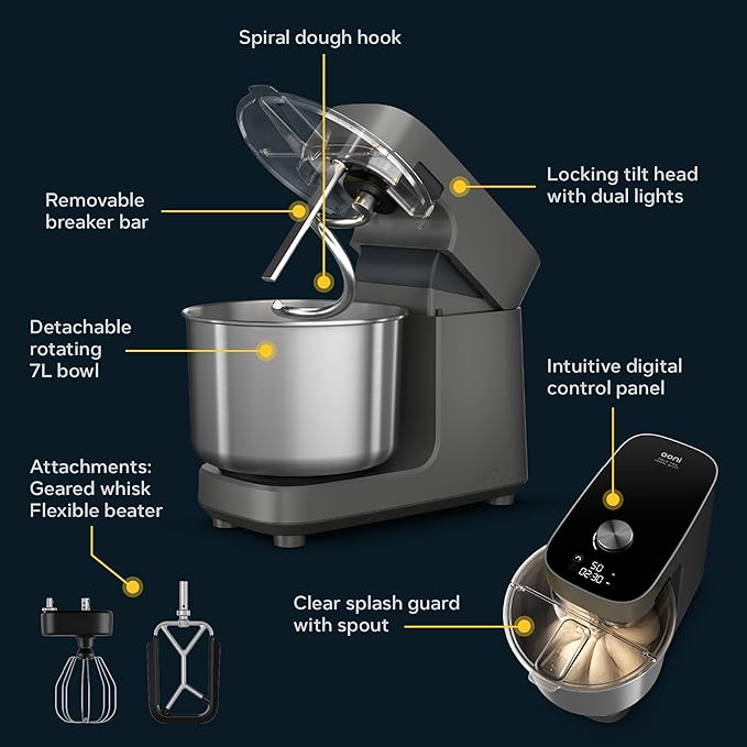 Ooni Halo Pro Spiral Mixer - Dough Stand Mixer with Attachments, 7.3 Quart Capacity and 58 Speed Settings - Charcoal Grey