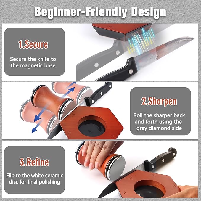 Rolling Knife Sharpener Kit, Kitchen Knife Sharpener with 15 & 20 Degree Sharpening with 2pcs Polishing Disc & 2pcs Grinding Disc for Kitchen Knives, Pocket Knives, Chef's Knives