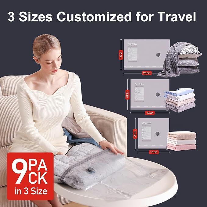 9-Pack Vacuum Storage Bags for Travel, Space Saver Compression Bags (No Pump Included)