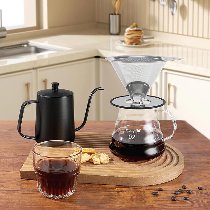 Mongdio Pour Over Coffee Dripper, Stainless Steel Coffee Dripper, Reusable Metal Coffee Filter, Double Mesh Design of Pour Over Coffee Maker, With Removable Base.1-4 Cups
