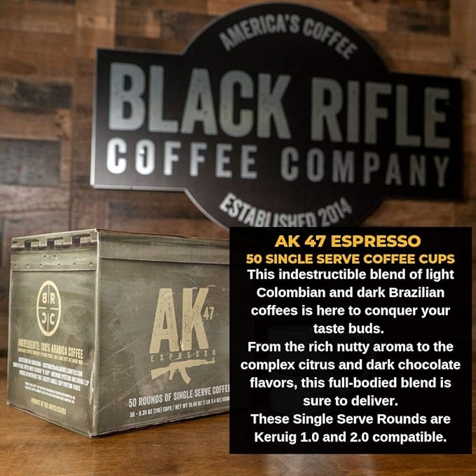 Black Rifle Coffee Company AK Espresso, 50 Count, Medium Roast K Cups - Single Serve K Cups Coffee Pods - Kcup Pods Compatible with Keurig 1.0 & 2.0 - Made from Arabica Beans