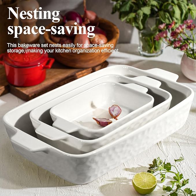 Ceramic Bakeware Set, Porcelain Rectangular Lasagna Pans Casserole Dish Set for Baking, Cooking, Kitchen, Cake Dinner, Banquet and Daily Use, Stackable Nesting, 3 PCS (cream white)