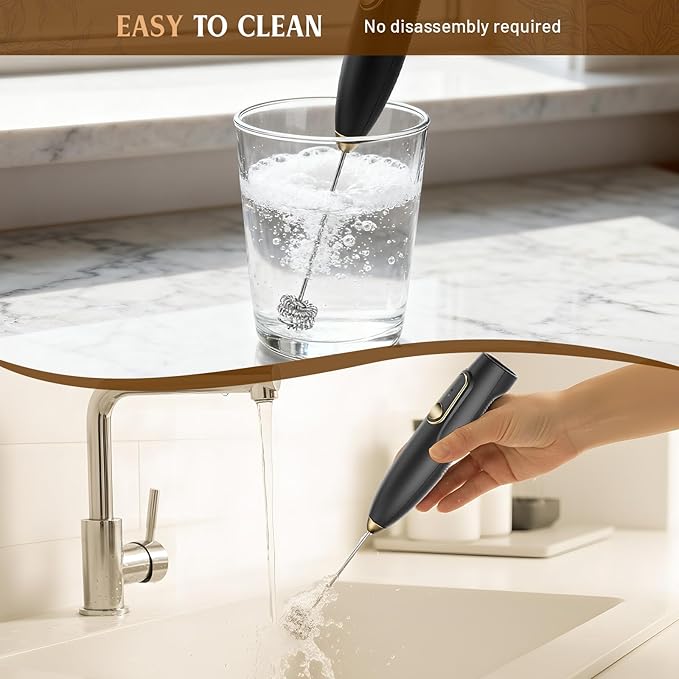 Rechargeable Milk Frother Wand with Stand, Electric Handheld Coffee Frother with 3 Detachable Whisks, Travel Milk Foamer for Protein Powder, Drinks, Espumador de Leche Electrico Black