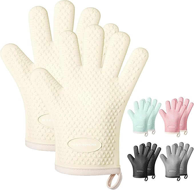 MAD SHARK Silicone Oven Mitts Heat Resistant 450 Degrees,Waterproof & Non-Slip Oven Gloves with Fingers,Cotton Lined Silicone Oven Gloves Kitchen Mitts for Baking Cooking Barbecue,Women,Oven (White)