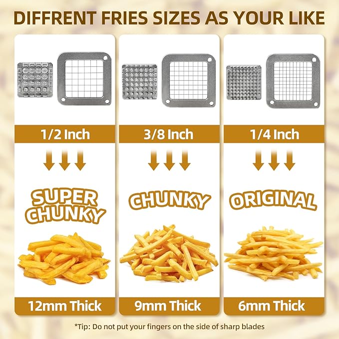 French Fry Cutter Commercial Grade Potato Slicer with Stand Suction Feet Complete Set, Includes 1/4", 3/8", 1/2", 2 Pieces L Stand