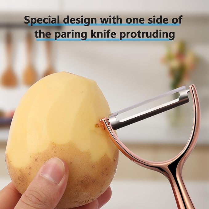LIIGEMI Effortless Y Peeler with Sharp Stainless Steel Blades for Apples, Cucumbers - Ergonomic Handle for Easy Potato Eye removal, Perfect for Cooking Enthusiasts and Kitchen Novices（Rose Gold ）