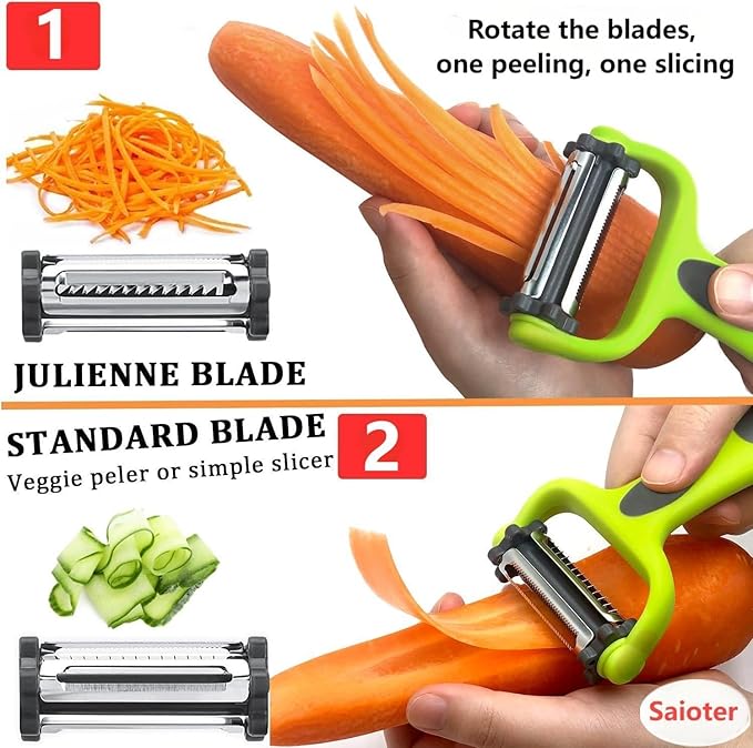 Razor-Sharp 4 In 1 Veggie Peelers For Kitchen Potato Peeler,2PCS I&Y Peeler For Peeling-Slicing-Shredding-Julienning-Excising,Vegetable Peeler With Rotary Stainless Blade& Non-Slip Handle