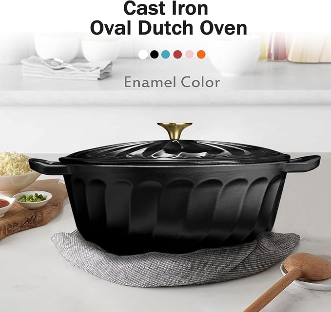 Enameled Oval Dutch Oven Pot with Lid, 7 QT Cast Iron Dutch Oven with Dual Handles for Cooking, Bread Baking, Frying, Non-stick Enamel Coated Oven (Black)