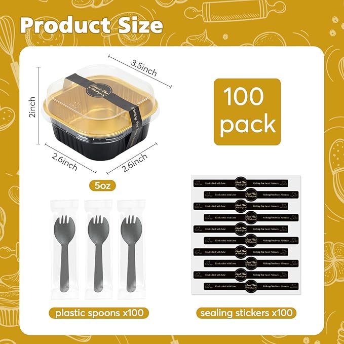 Ruckae 5oz 100 Pcs Square Mini Loaf Pans with Lids-Disposable Foil Dessert Containers,Mini Cake Pans with Lids,Aluminum Dessert Cups for Parties and Weddings (Black Gold, 5oz)