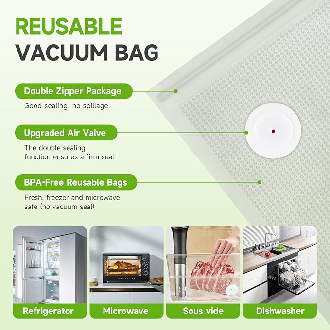 Vacuum Sealer Bags, 40 Reusable Vacuum Sealer Bags for Food Storage, BPA-Free, Meal Prep and Sous Vide Cooking,Works for Handheld Sealer and Vac Sealer Machine with External Vacuum Systems