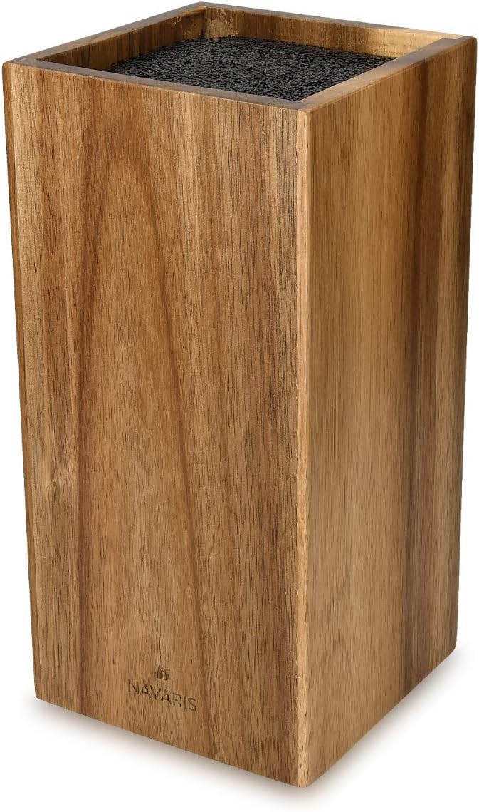 Navaris Wooden Kitchen Knife Block - Universal Bristle Knife Holder Storage Stand - Acacia Wood Knife Block - Upright Design 9.4 x 4.7 x 4.7 inches