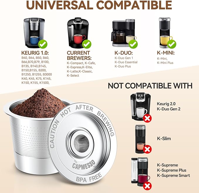 CAPMESSO Reusable K Cups Coffee Pods for Keurig 1.0: Stainless Steel Refillable K Cup - Reusable Coffee Filter for Keurig 1.0 Coffee Maker, Permanent, Eco-Friendly, Innovative Design(4 Pack)