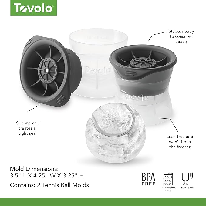 Tovolo Tennis Ice Cube Molds Pack of 2 Large Craft Ice Spheres for Cocktails Summer Drinks, Dishwasher Safe Stackable Silicone BPA Free Tennis Ice Mold Gift for Sports Fans