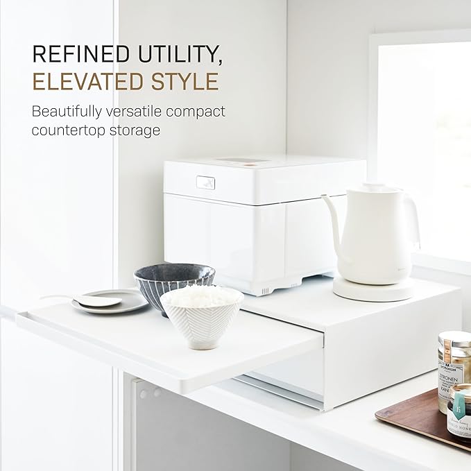 YAMAZAKI Home Tower Kitchen Countertop Organizer Appliance Stand with Drawer and Pull-Out Shelf – Steel Microwave Stand with Drawer, Modern Countertop Shelf Organizer, White, Space-Saving Design