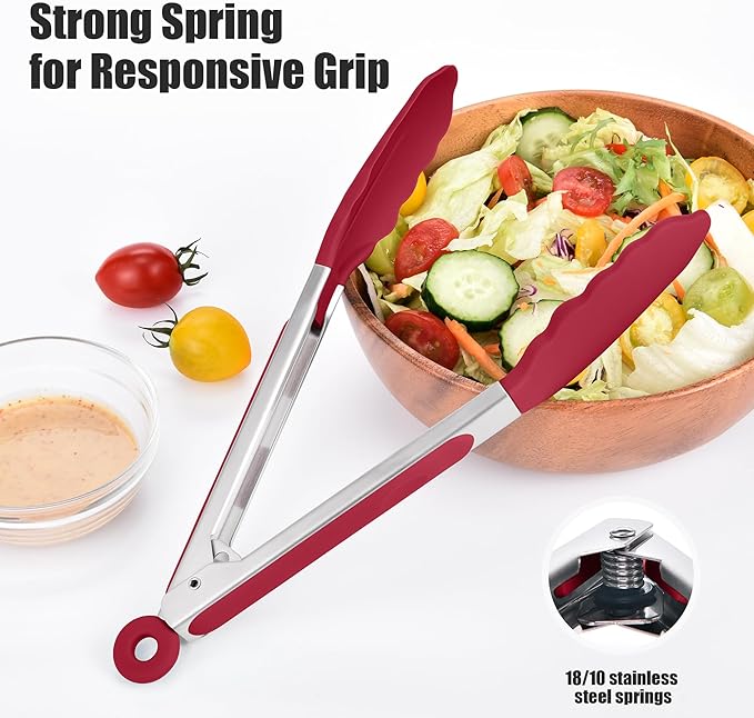 Doosu Kitchen Tongs for Cooking - 600°F Heat Resistant Food Tong with Non-Scratch Silicone Tips, Heavy Duty Stainless Steel Locking Tong for BBQ, Grilling Steak, Serving Salad, Pasta (9in, Red)