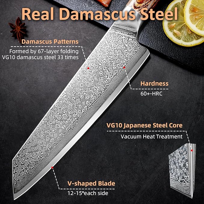 Ompusos Chef Knife 8 Inch, Super Sharp Pro Japanese Kitchen Knives, Damascus Chefs Knife VG-10 High Carbon Stainless Steel, Ergonomic Wooden Handle Cooking Knife, Gift Box for Family & Restaurant