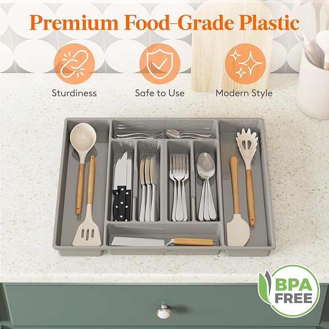 Lifewit Silverware Organizer, Plastic Kitchen Utensil Drawer Tray, Cutlery Flatware Storage Holder for Spoons Forks Knives, 20 x 16 Inches, 8 Compartment, Gray