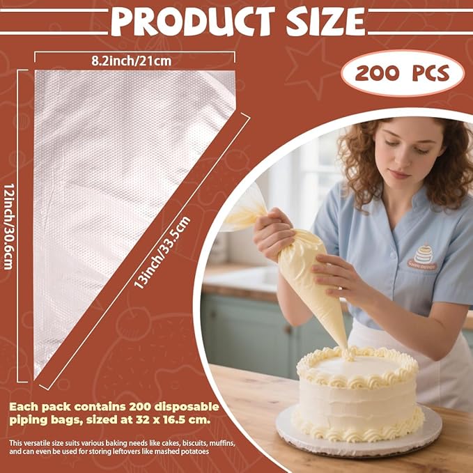 200PCS 12 Inch Disposable Piping Bags, Icing Piping Bags for Frosting, Thickened Non-Slip and Anti-Burst Pastry Bags for all Size Tips Couplers and Baking Cookies Candy Supplies Kits
