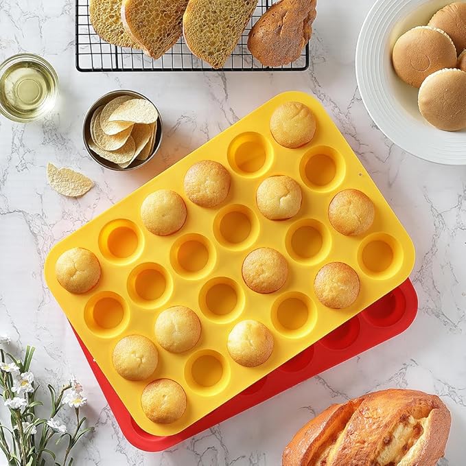 2PCS Silicone Mini Muffin Cupcake Pan, Non-Stick 24-Cavity Silicone Muffin Pans for Baking, Great for Making Muffin, Cakes, Tart, Bread, BPA Free, Dishwasher Safe (Red+Yellow)