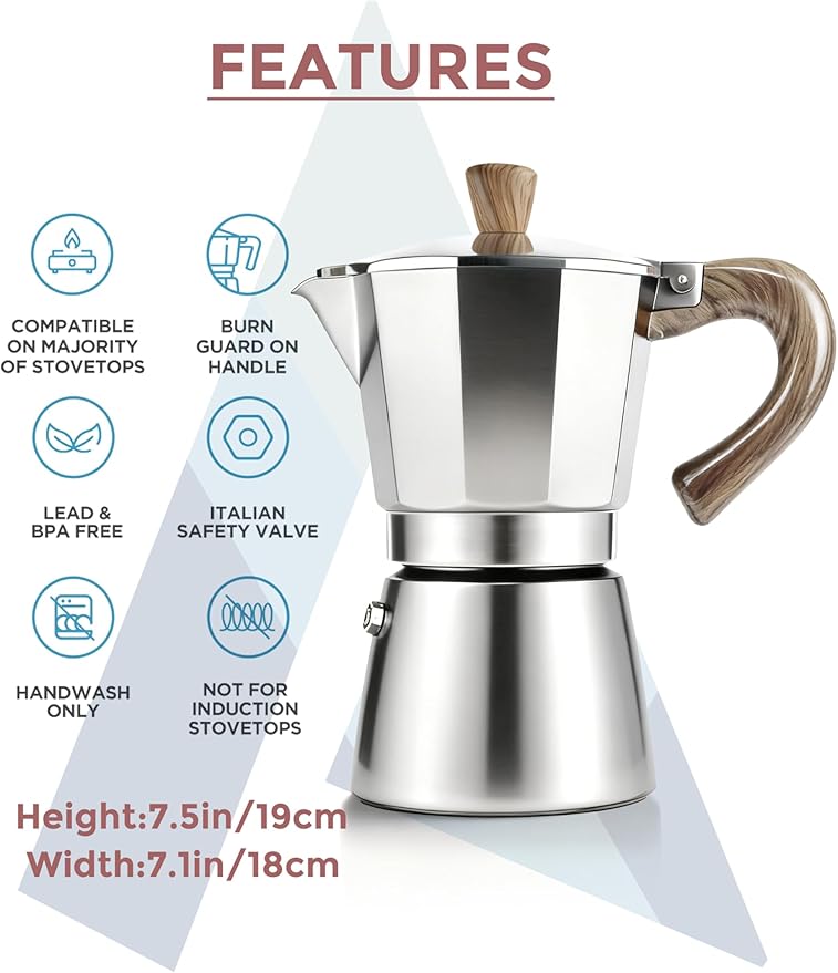 AGOGO Milano Moka Pot, Stovetop Espresso Maker, Greca, Coffee Percolator, Turkish Coffee Maker with Paper Filter 6 Cup Original Silver