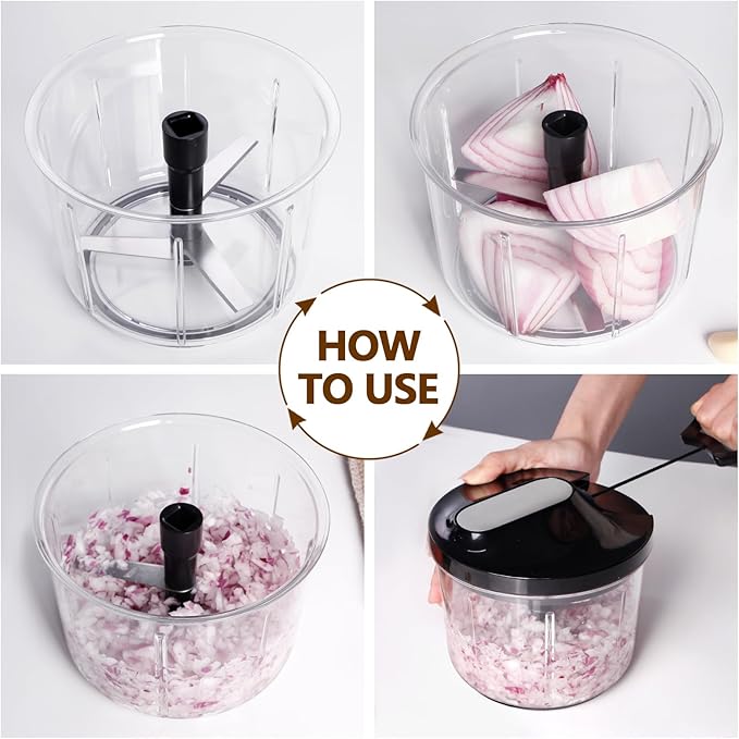 LHS Manual Food Processor Large Vegetable Chopper, 1000ML Pull String Chopper Garlic Mincer Onion Cutter for Veggies,Salad,Fruits, Nuts, BPA Free, Black