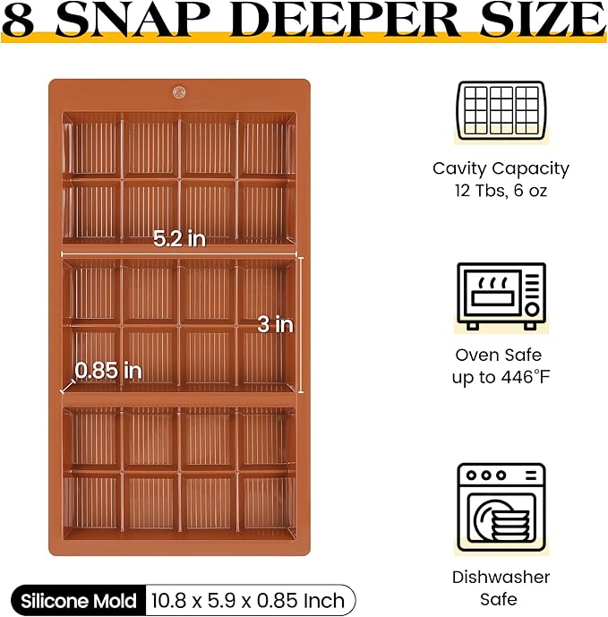 2 Pcs Chocolate Bar Mold Deep Dubai 0.85 Inch Stuffed Large Chocolate Molds Silicone Break Apart Thick Silicone Molds for Candy Bar (8 Snap）
