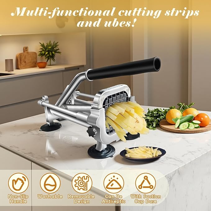French Fry Cutter, Stainless Steel Commercial Vegetable Chopper, 1/2 Inch, 3/8 Inch and 1/4 Inch Blades Potato Cutter, Easy Clean Manual Chopper for Carrot, Yam, Cucumbers