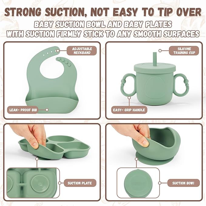 Silicone Baby Feeding Set, Baby Led Weaning Supplies, Baby Food Tableware Silicone Suction Plate, Bowl, Spoons, Fork, Waterproof Bib, Cup & Complementary Food Cake Mold, Baby Eating Utensils