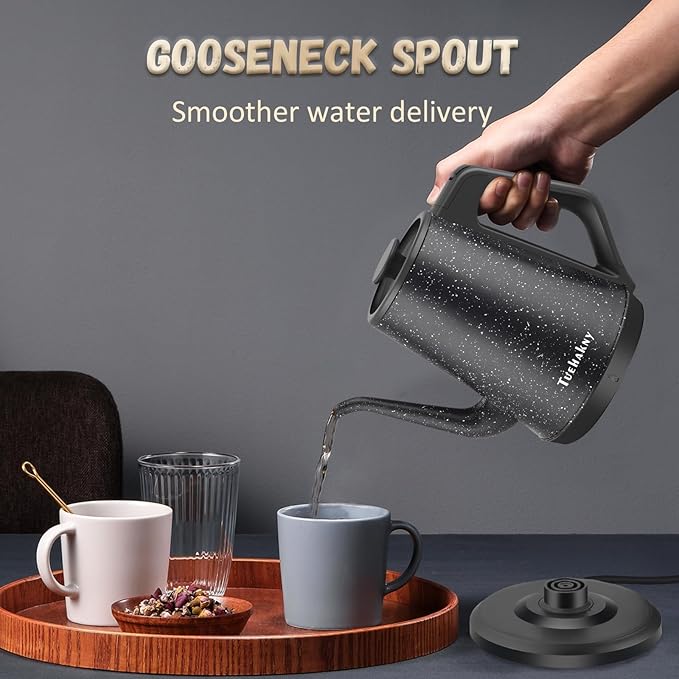 Gooseneck Electric Kettle 1.0L, 1000W Quick Heat-Up In 3 Min, 100% Stainless Steel Tea Kettle, Pour Over Coffee Kettles For Office/Travel/Kitchen, Auto Shut-Off Protection, Black Star Design, BPA-Free