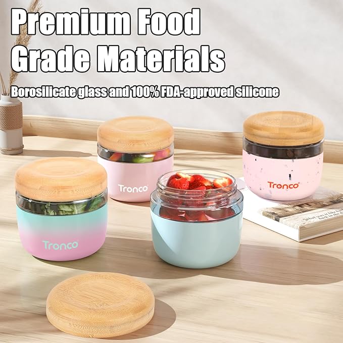 Tronco 24 oz Glass Container with Bamboo Lids, Food Storage Bowls for Soup, Stew & Overnight Oats, 100% Leak & Spill Proof, Airtight, Microwave & Dishwasher Safe, BPA-Free